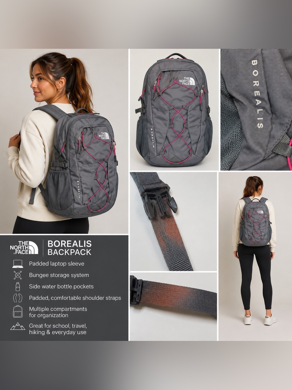 The North Face Borealis Backpack Gray Pink Bungee Laptop School Travel